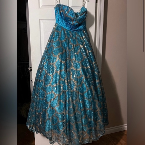 Tony Bowls Turqoise Blue Green Ballgown 16 - Picture 1 of 4